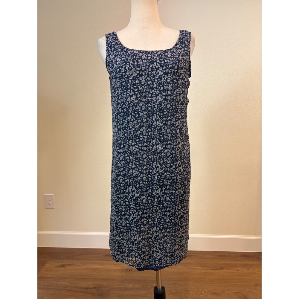 Vtg 90s Robbie Bee Dress Women 10 Navy Blue Silk Ditsy Floral Shift Sleeveless